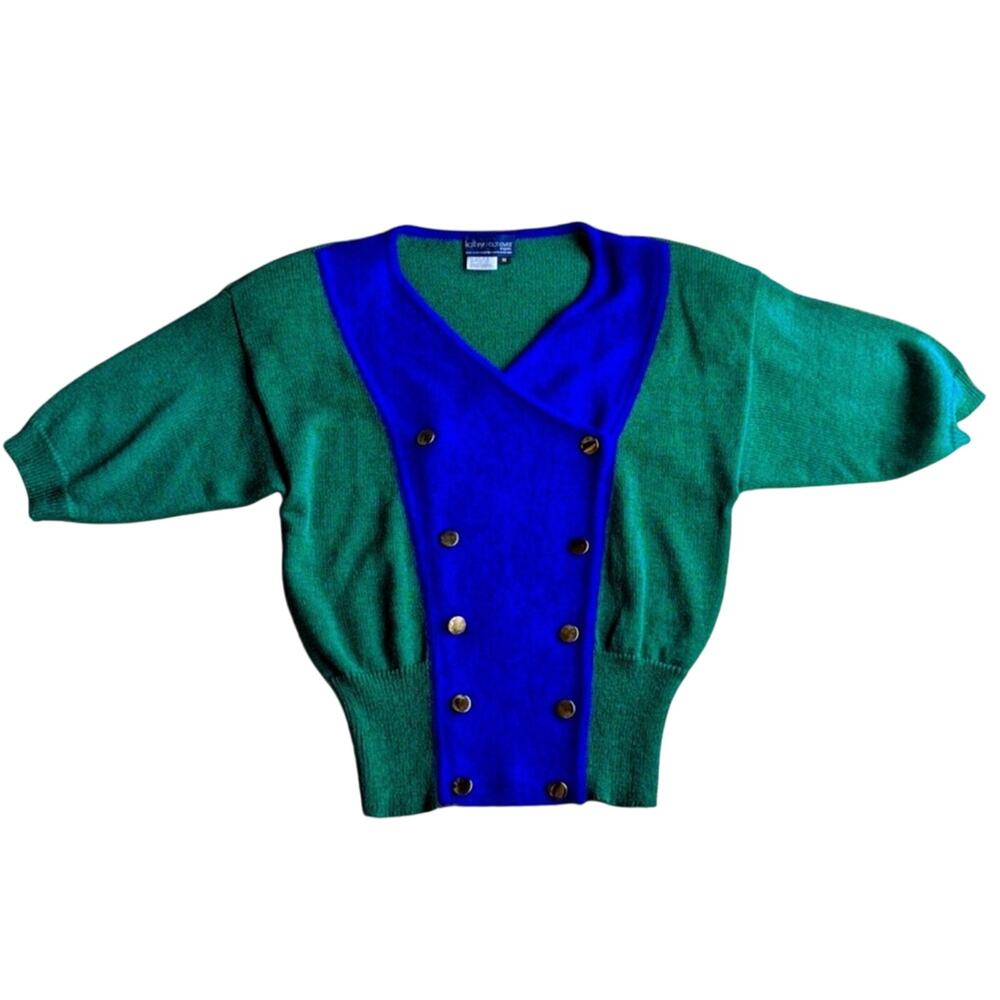 Kathryn Conover Sweater Top Puff Sleeves 80s Vintage Green Blue Women’s Size M